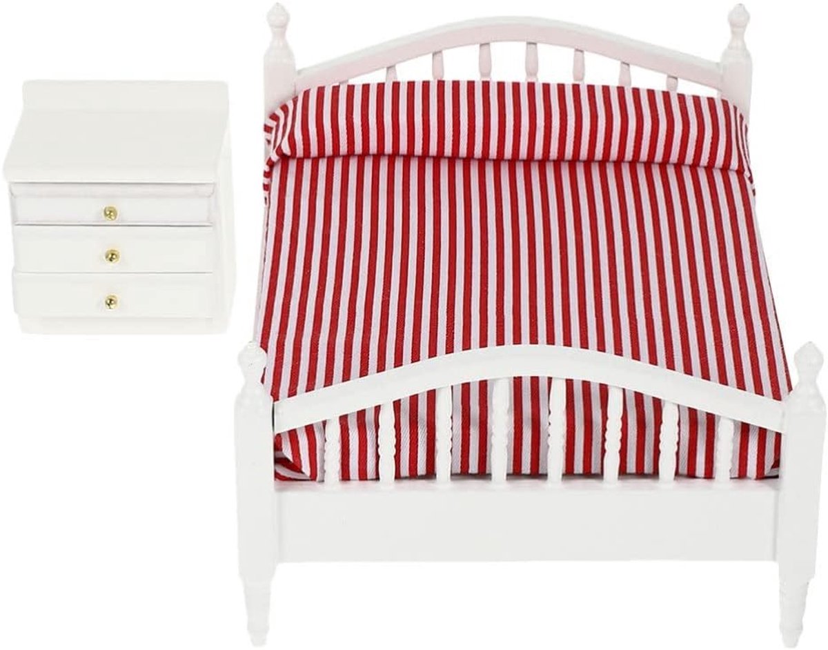 Miniatuur bed voor poppenhuis met matras en houten nachtkastje - 1:12 schaal poppenhuismeubels voor decoratie