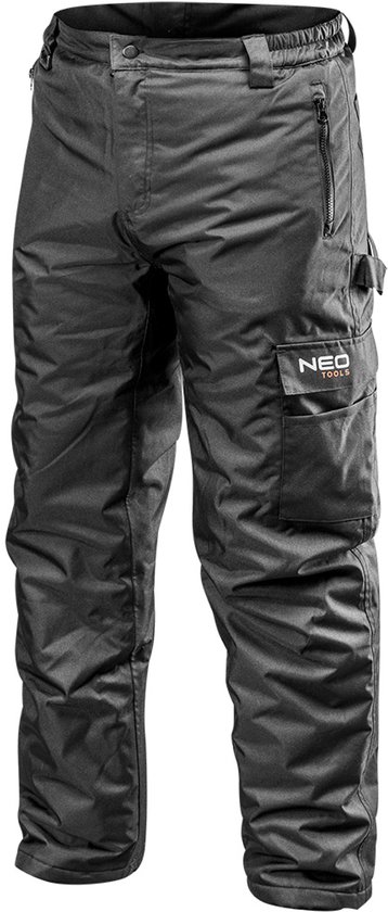Zwarte, gevoerde werkbroek met zakken en ritssluitingen. NEO TOOLS logo op de rechterzak.
