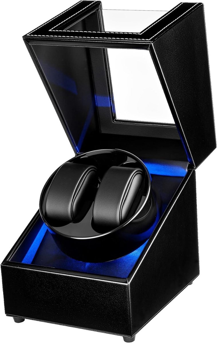 Dubbele Horloge Winder van PU Leer, Automatische Rotatie met 5 Modi, USB Oplaadfunctie en Blauwe LED Verlichting - Zwart