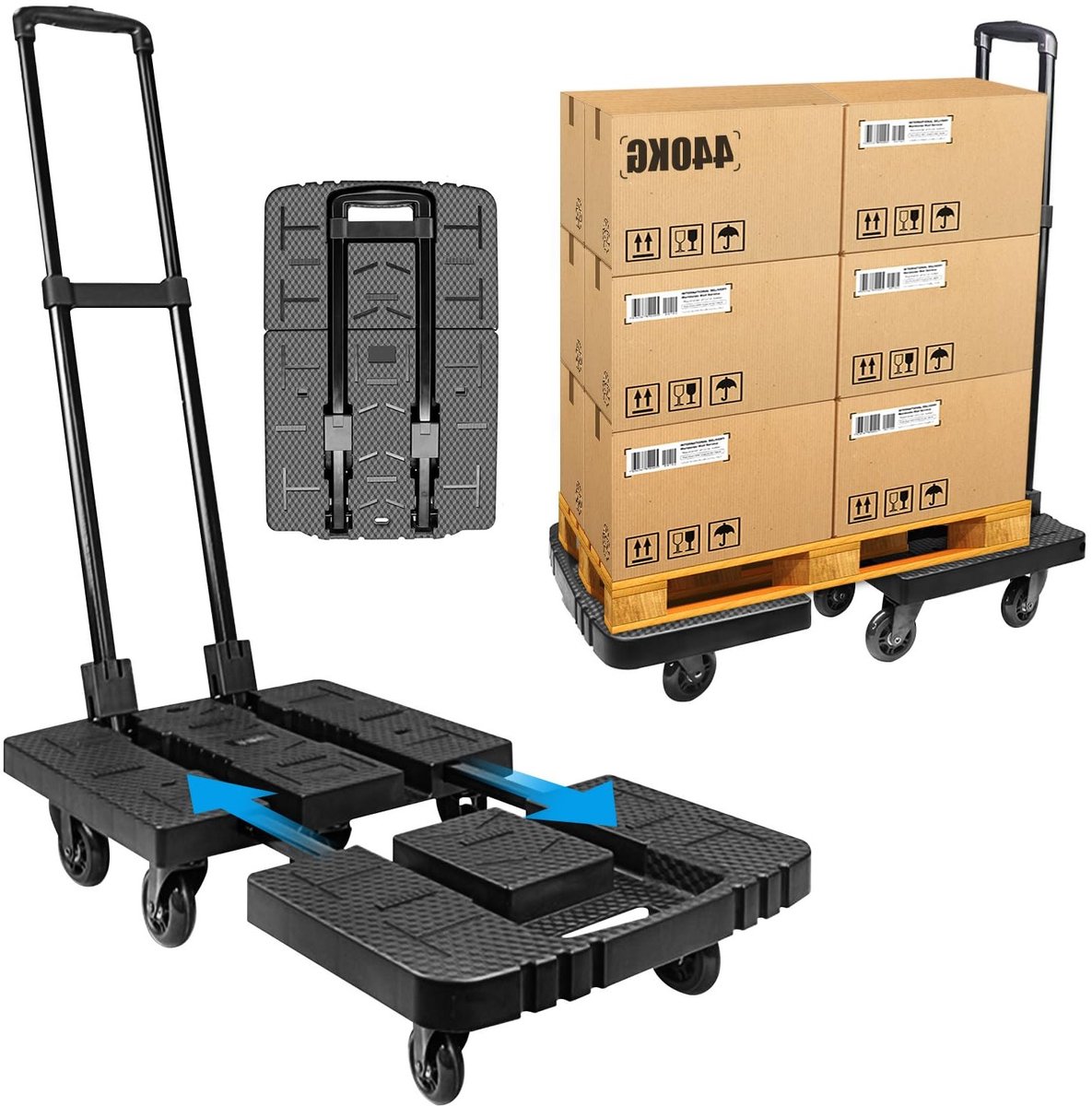 Vouwbare Handtruck met 360° Draaiende Wielen, 245kg Capaciteit, Verstelbare Handgreep en Duurzaam Ontwerp voor Eenvoudig Vervoer van Zware Ladingen