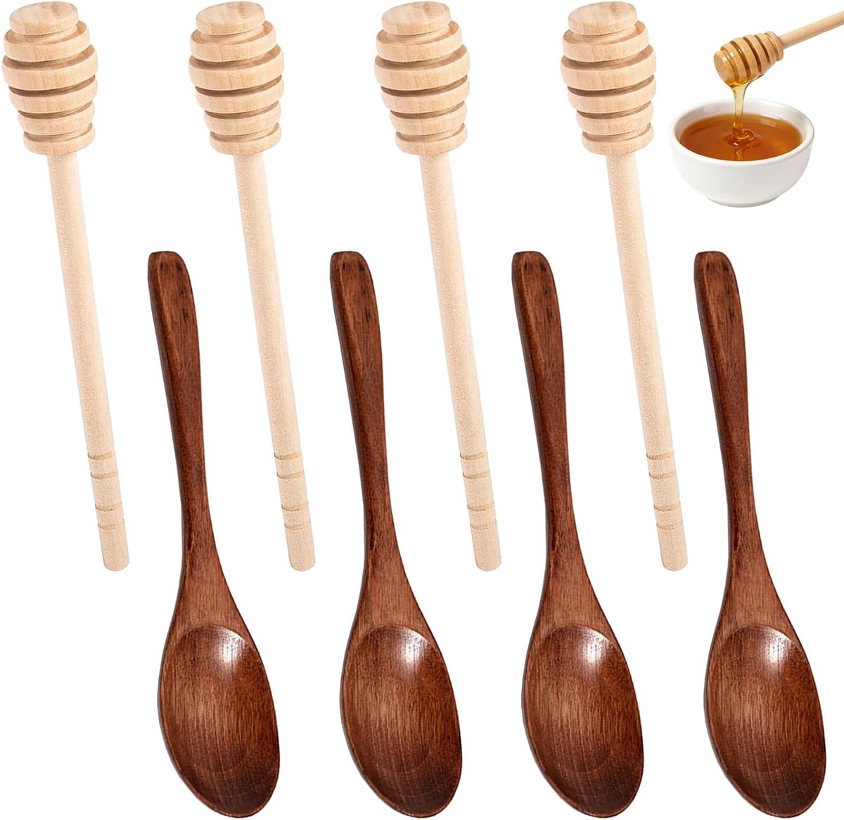 8-delige honinglepelset van hout, perfect voor honing, thee en desserts, inclusief roerders en staafjes