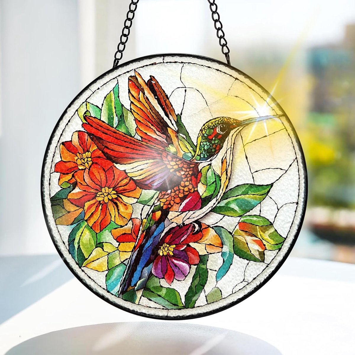 Kleurrijke Hummingbird Geëmailleerde Glasraam Suncatcher - Bloemmotief voor Raamdecoratie of Deur - 20x20cm met Ketting en Haak - Uniek Cadeau voor Thuisdecoratie en Natuurliefhebbers