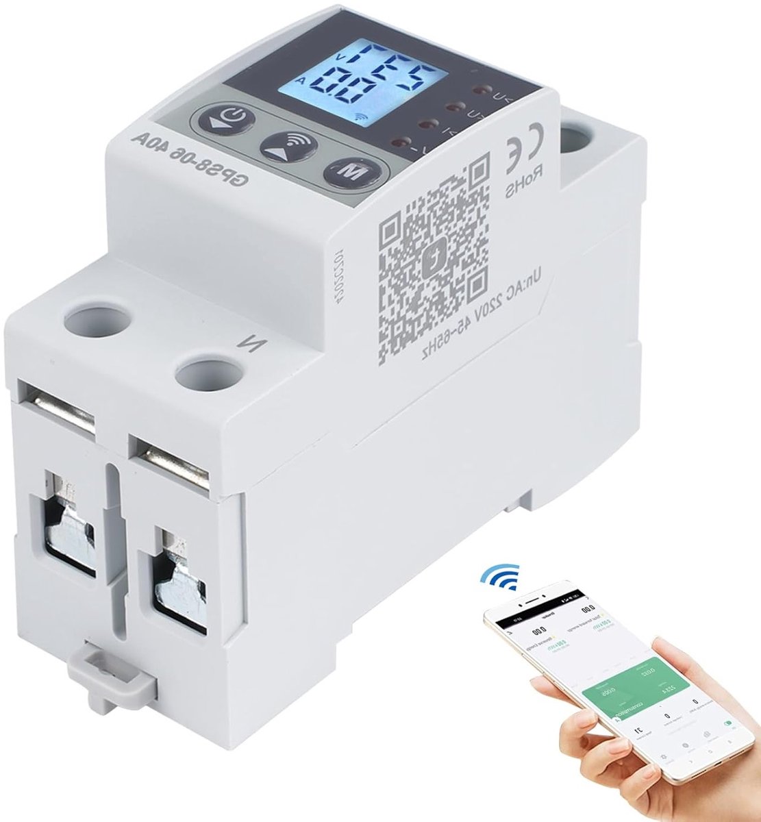 WiFi overspanningsbeveiliging 40A, elektrische meter met automatische resetfunctie voor over- en onder spanning, 220V AC, geschikt voor huis en kantoor.