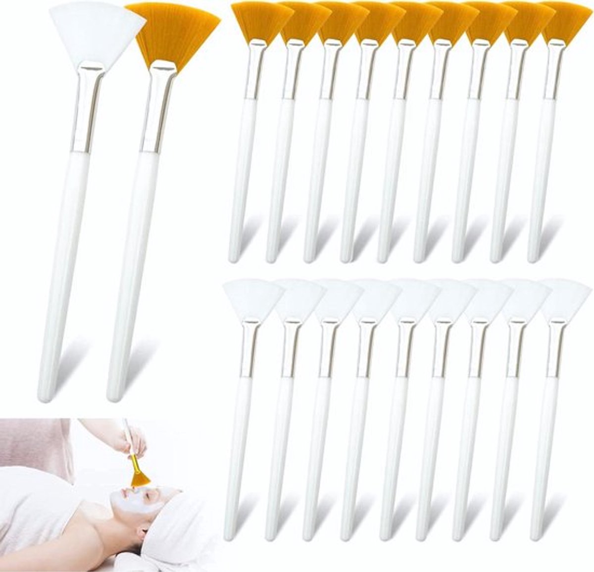 Set van 20 zachte waaierkwasten voor gezichtsmaskers en make-up (wit handvat)