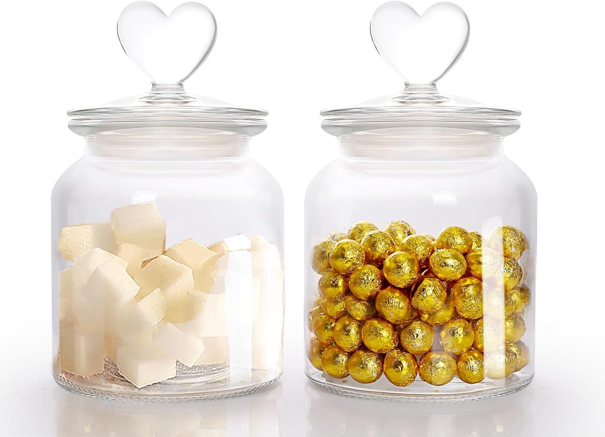 JeiibrZui Hartvormige Voorraadpotten Set - 650 Ml - 2 Stuks Luchtdicht Glas - Transparante Bewaarpot Met Deksel Voor Koekjes En Snoep - Decoratief Keukenaccessoire