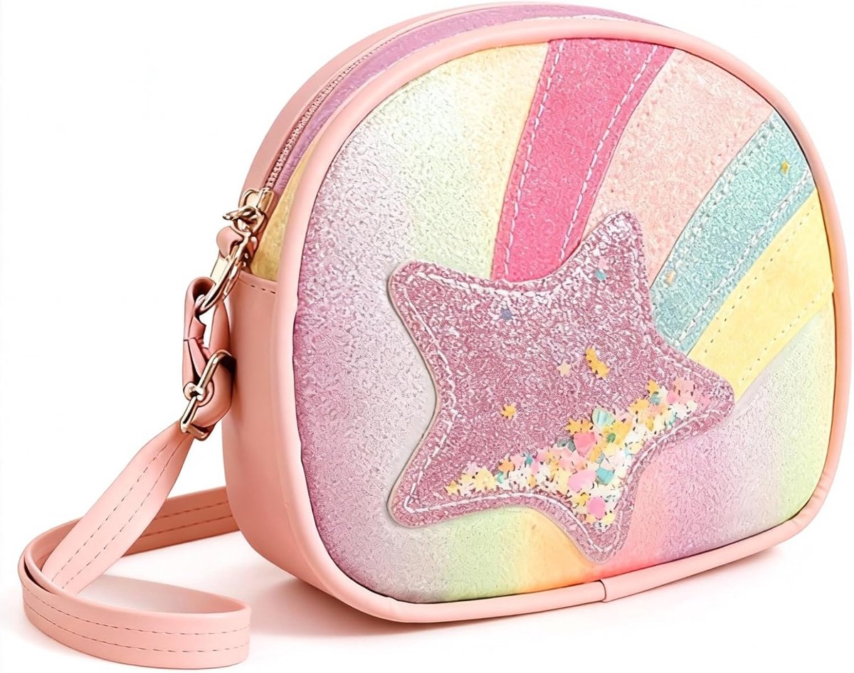 JeiibrZui Kinder Umhängetasche Regenbogen - 16x14x5 Cm - 1 Stuks - Verstelbare Schouderriem - Roze