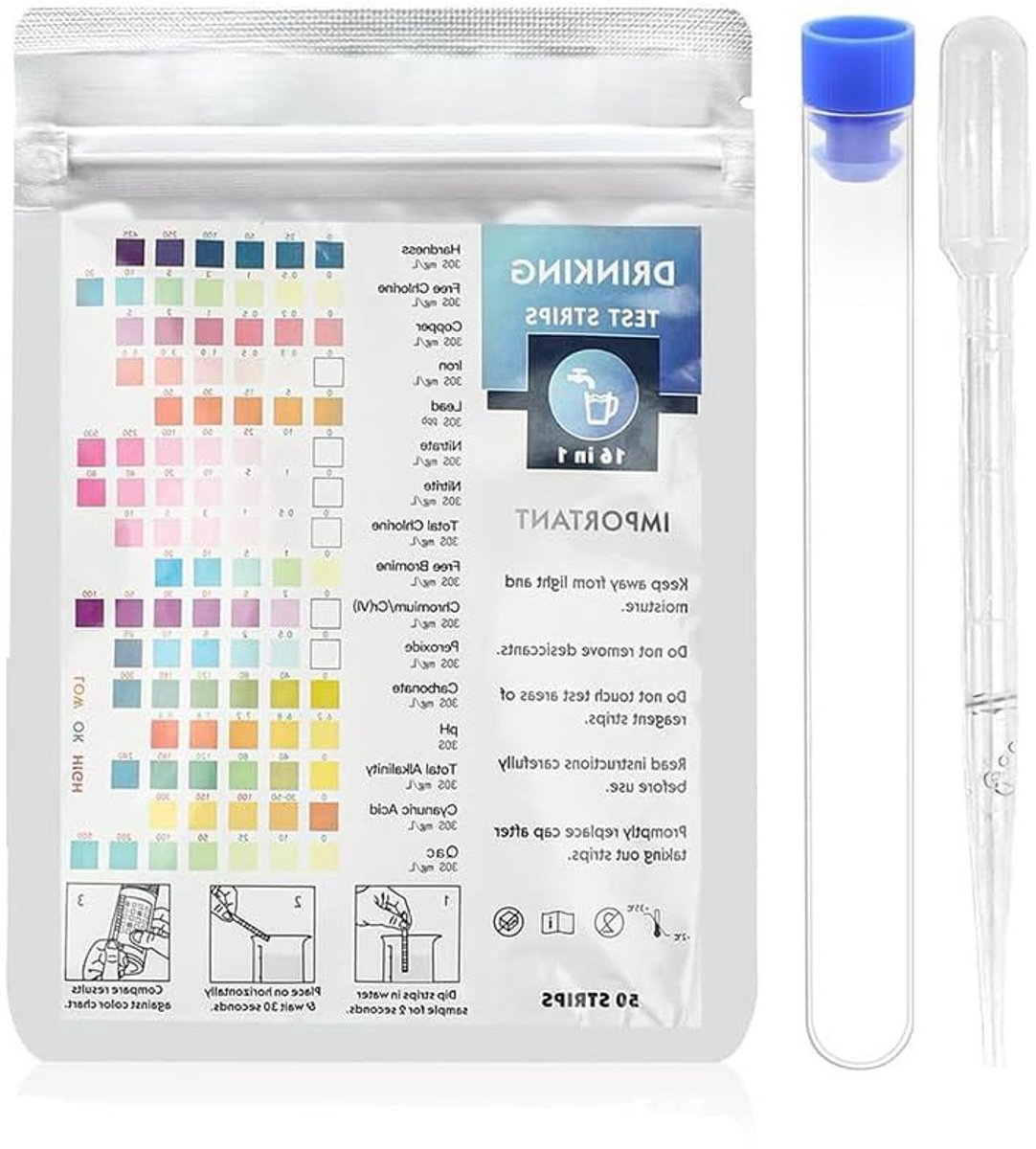 Water test strips 16-in-1 - 50 stuks voor snel testen van zwembad, aquarium en spa - totale hardheid, pH-waarde en chloor niveau