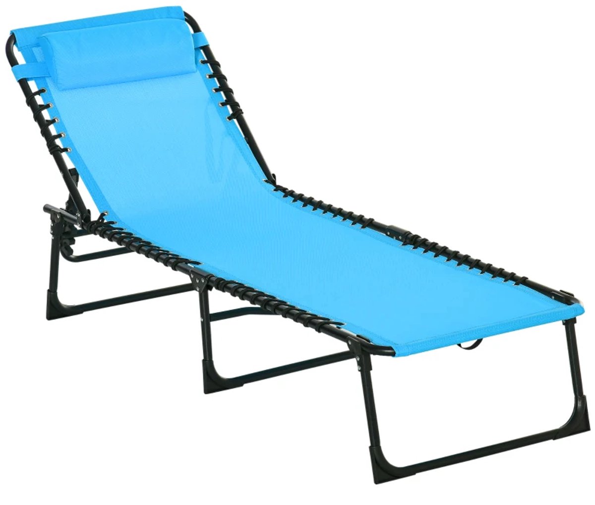 Opklapbare Ligbed met Hoofdsteun - Ligstoel met 4-standen Verstelbare Rugleuning - Tuinstoel - Strandstoel - Campingligstoel - tot 120 kg - Zonnebed - Relaxstoel voor Tuin, Terras, Zwembad & Balkon - Blauw