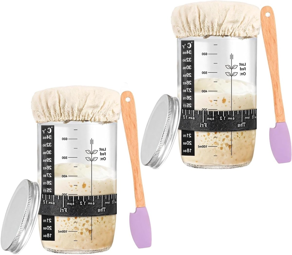 34oz Glazen zuurdesemgistingsvatset met thermometers en accessoires voor het bakken van zuurdesembrood, inclusief datumbanden en schrapers, ideaal voor thuisbakkers