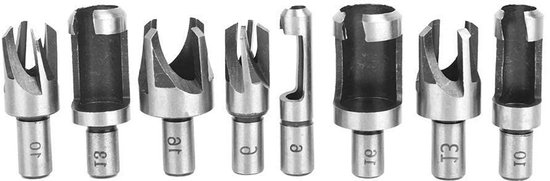 Set van 8 zilverkleurige houtfreesbits met markeringen zoals '10', '13' en '8'.
