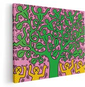 Artaza Canvas Schilderij Keith Haring Tree of Life-Kunstwerk met Dansende Figuren en Gele Mensen - 100x80 cm - Wanddecoratie Woonkamer - Schilderijen - Muurdecoratie