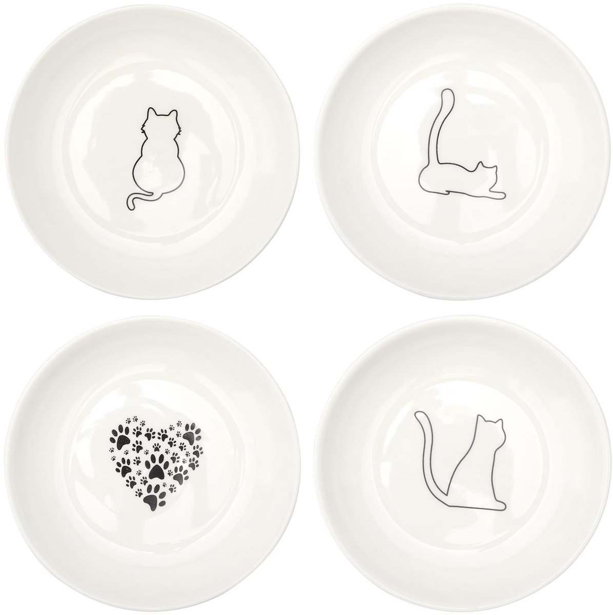 carmdering - Kattenvoerbak - Drinkbak - kattenkom - Set van 4, keramiek, ondiep, 15×15×2,5 cm - Vaatwasmachinebestendig - Voor nat- en droogvoer - Voorkomt snorhaar stress - Cadeau voor kattenliefhebbers