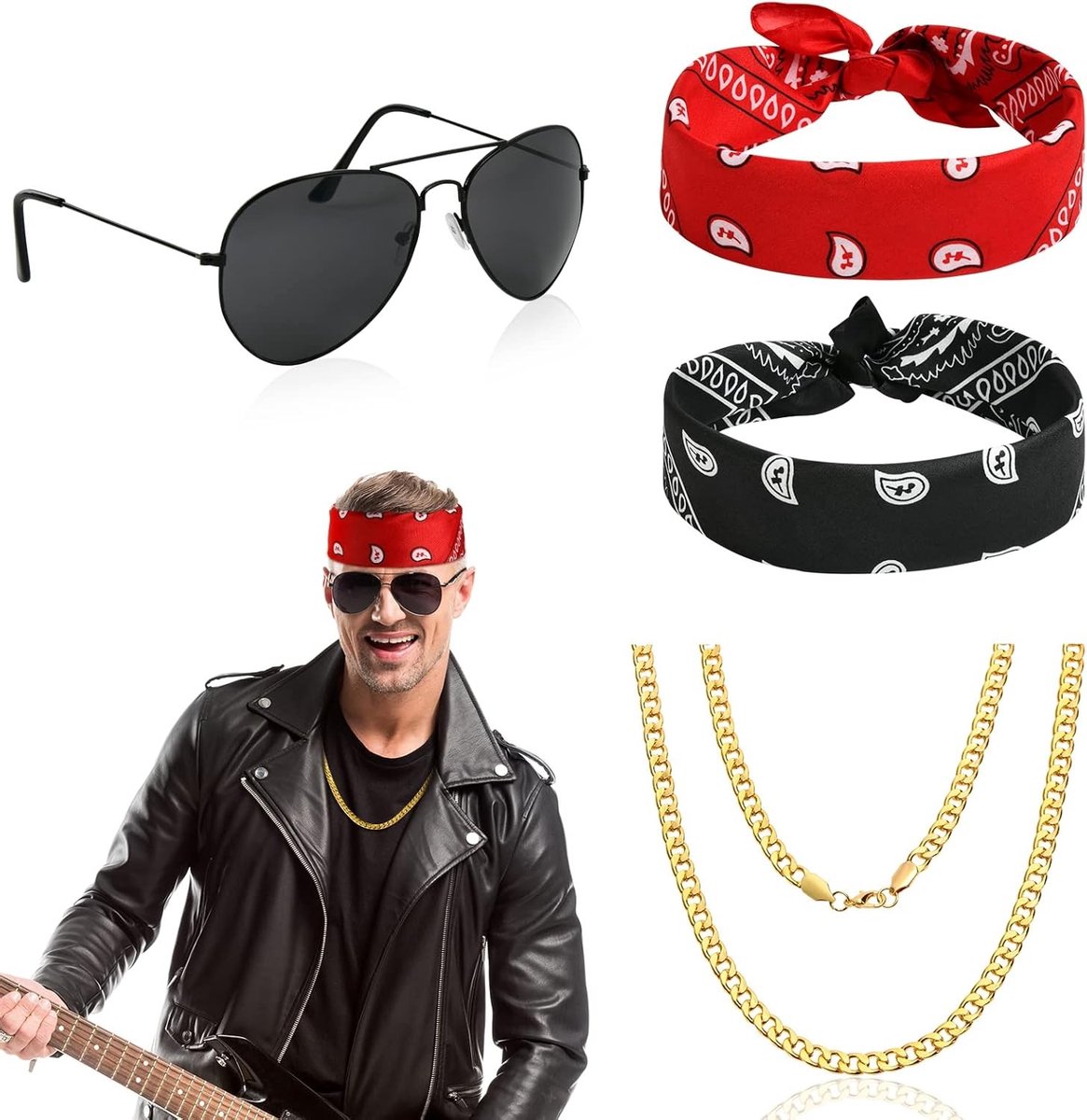 Retro 70s 80s Rocker Kostuum Accessoires met Bandana, Zonnebril en Ketting voor Feestjes en Thema-avonden