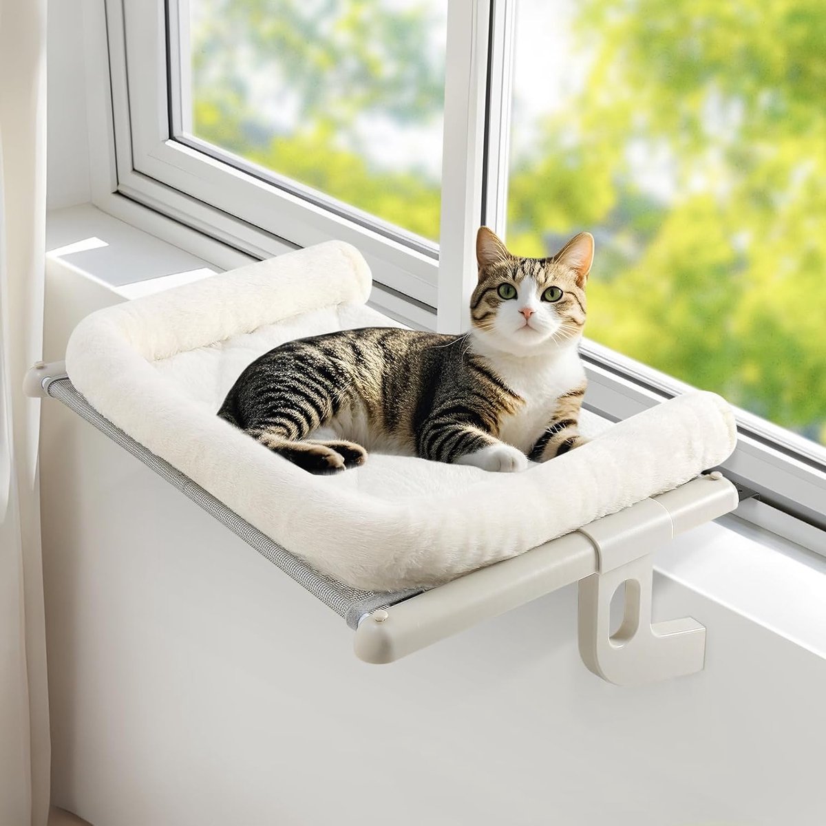 Hangmat voor katten voor het raam - comfortabele kattenbed voor vensterbank, balkon en radiator, tot 18 kg, 56x38 cm (Wit, S)