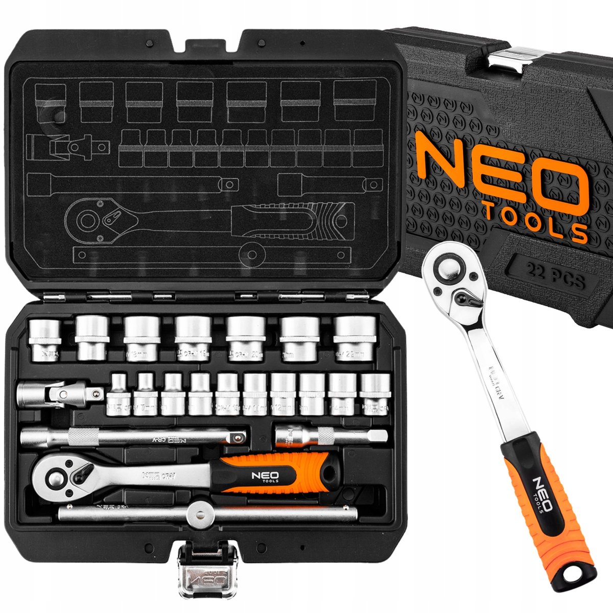 NEO 22-delige Doppenset 3/8" met Ratel en Verlengstukken, CrV
