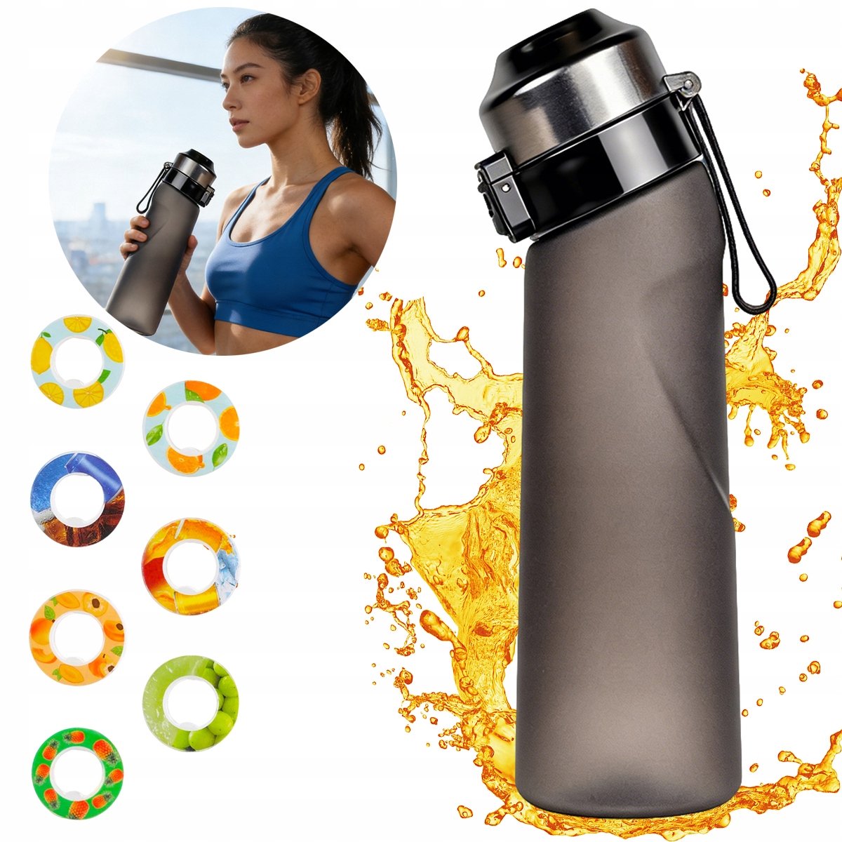 650 ml waterfles met smaak en 7 geurringen - zwart