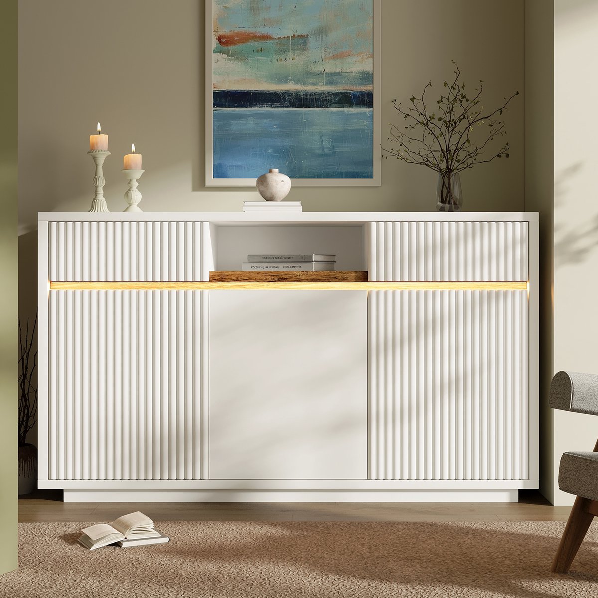 HAUSS SPOLE Dressoir - Met Ledverlichting En Verstelbare Planken - 2 Laden En 3 Deuren Voor Woonkamer Of Hal - Hout - 140x40x85 Cm - Wit