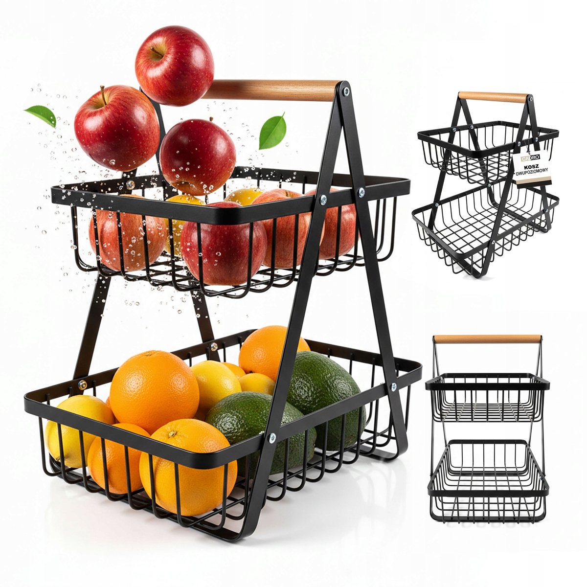 Dubbele metalen fruitmand met houten handvat - Zwart