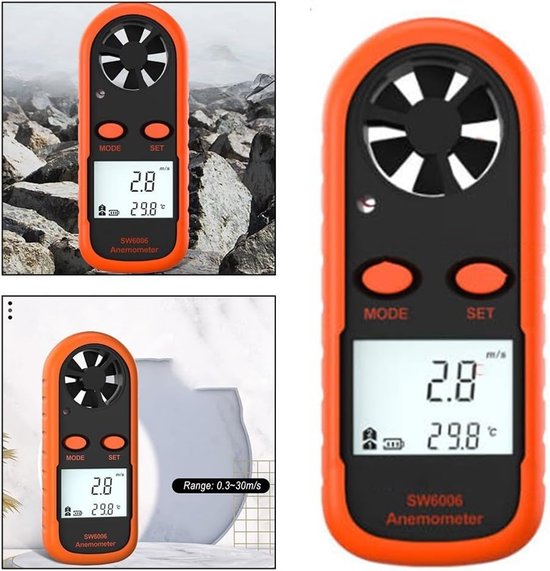 Windsnelheidsmeter - Digitale Anemometer - Weersomstandigheden Meten - Ingebouwde Temperatuurmeter - 108 x 39 x 20 mm - Zwart Oranje — afbeelding 4