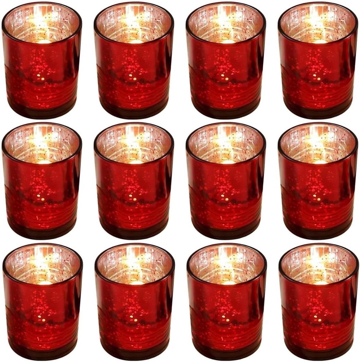 Glazen kandelaars - Votiefhouders set - Sfeerverlichting creëren - Sterrenhemel patroon - 12 stuks - Rood