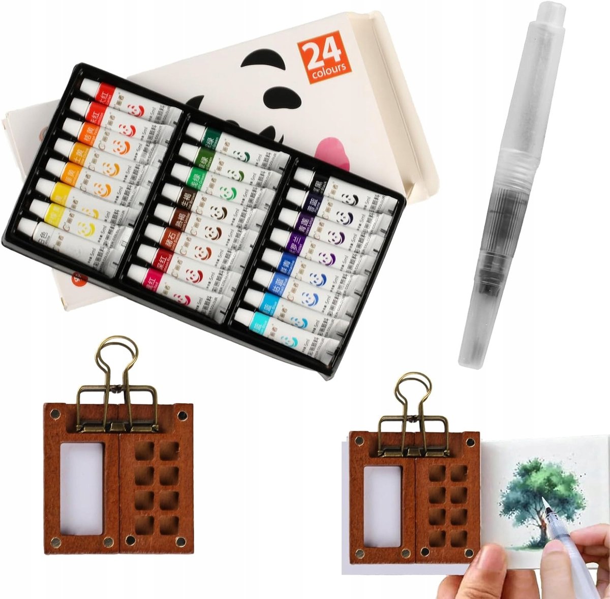 Mini aquarelverfset 24 kleuren - Reisformaat met Penseel & Canvas