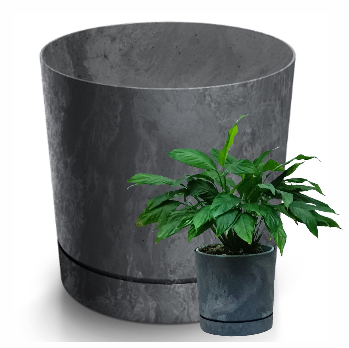 Beton Look Pot 35cm met Schotel - Grijs - Duurzaam Kunststof