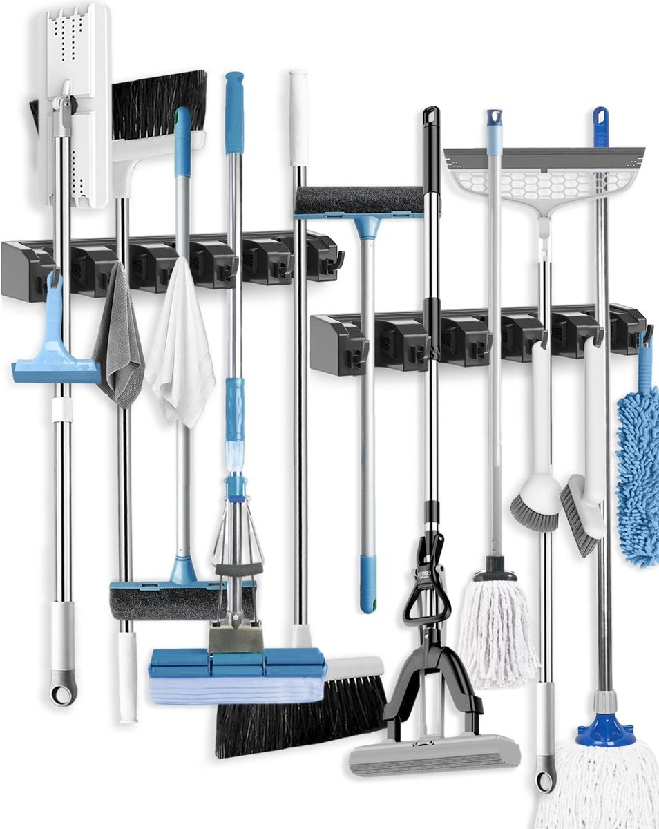Dailygoods- Bezemhouder 5 Houder + 6 Haken - Tuin Gereedschap Houder - ABS Kunststof - Schokbestendig - Waterdicht - Geschikt voor Thuis, Keuken, Garage - Gereedschapshouder