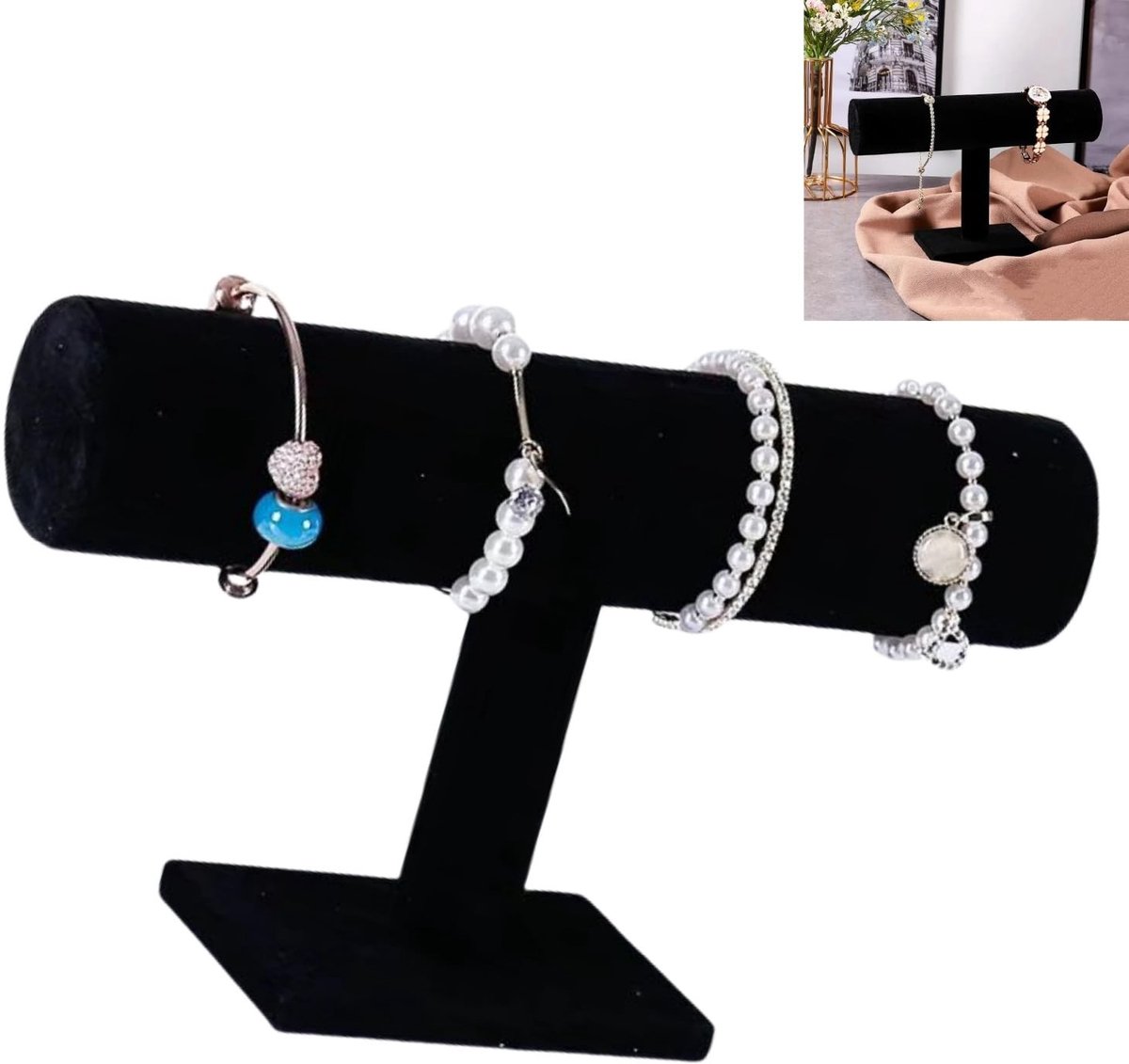 Dailygoods- Armbandhouder T-stang - Fluwelen Sieradenhouder - Sieradenorganizer - Horlogestandaard - Display voor Armbanden - 23,5x15x10 cm - Sieradenstandaard