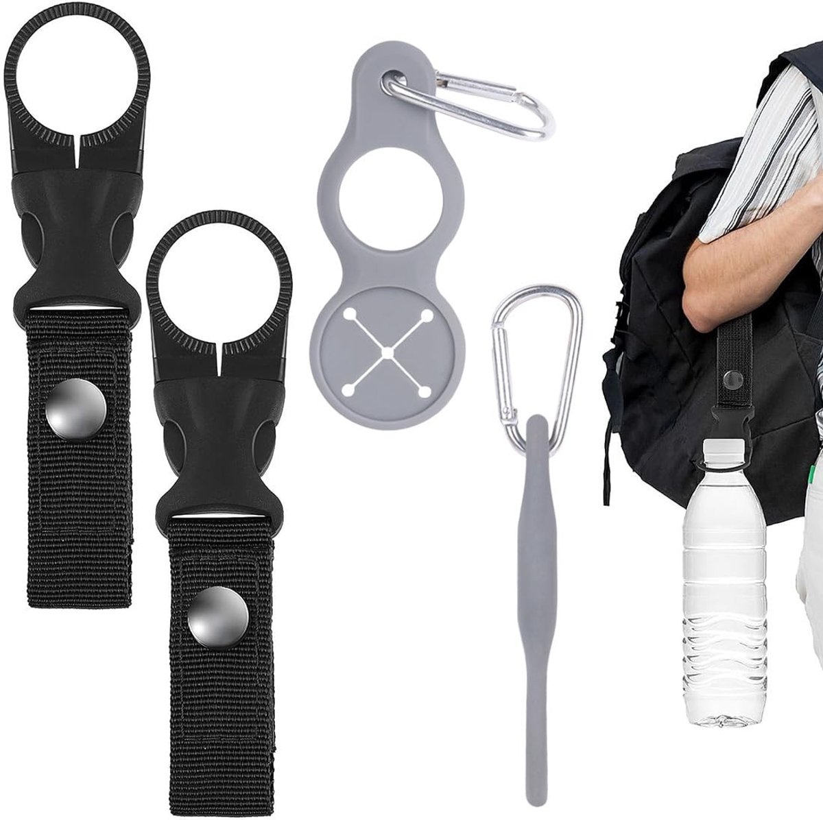 Dailygoods- Flessenhouder 4-delige set - Waterfleshouder - Riemclips - Karabijnhaak - Ruimtebesparend - Robuust en duurzaam