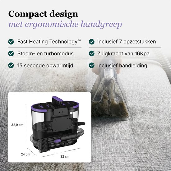 Compacte zwarte en paarse tapijtreiniger met ergonomische handgreep en afmetingen: 32,9 cm, 24 cm, 32 cm.