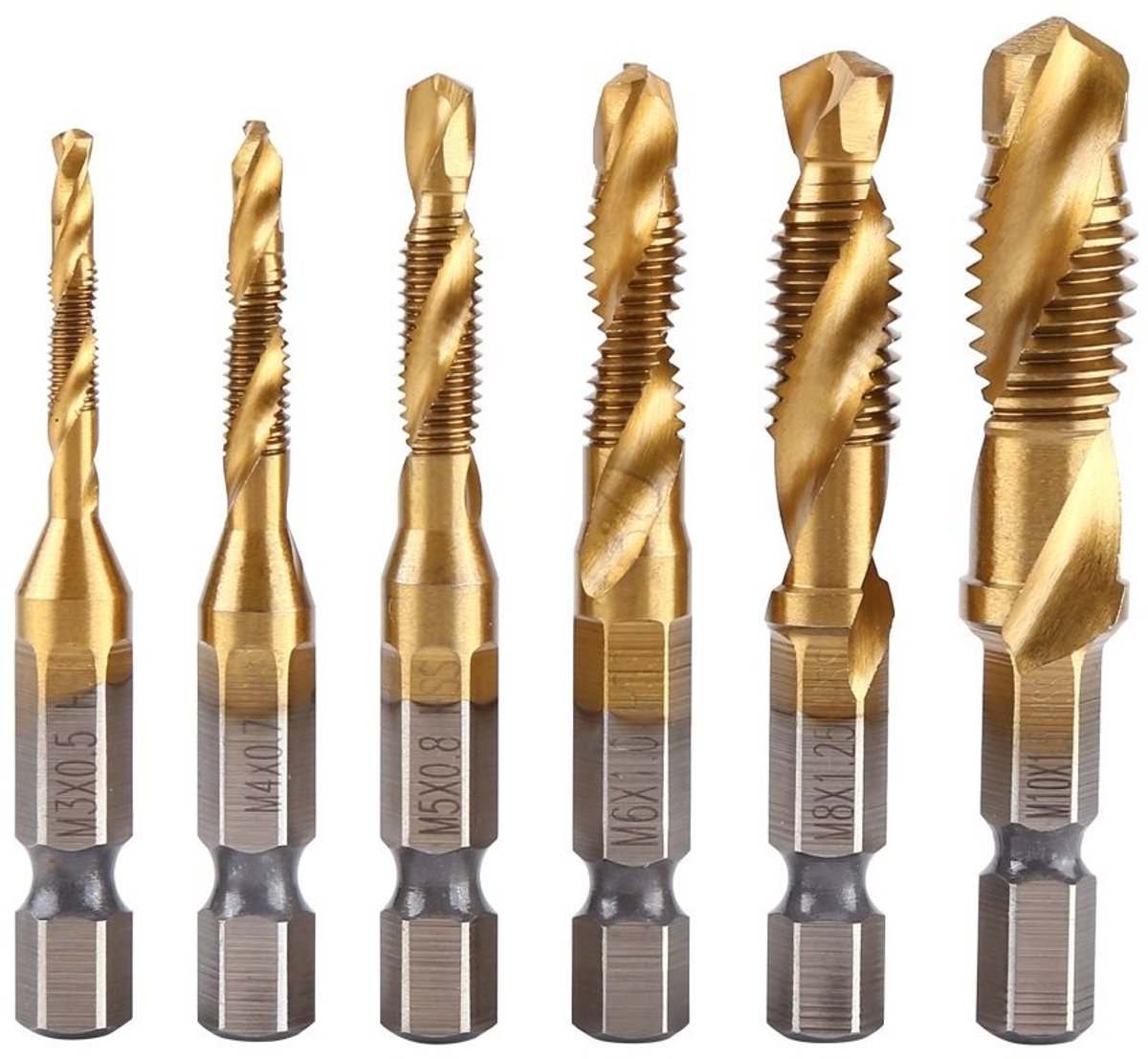 BRENZOOS - Tap Bit Set - 6 Stuks Metrische Schroefdraad M3-M10 - Titanium Gecoate Boor - 1/4 Inch Zeskantschacht - Voor Hout en Kunststof - Ho...