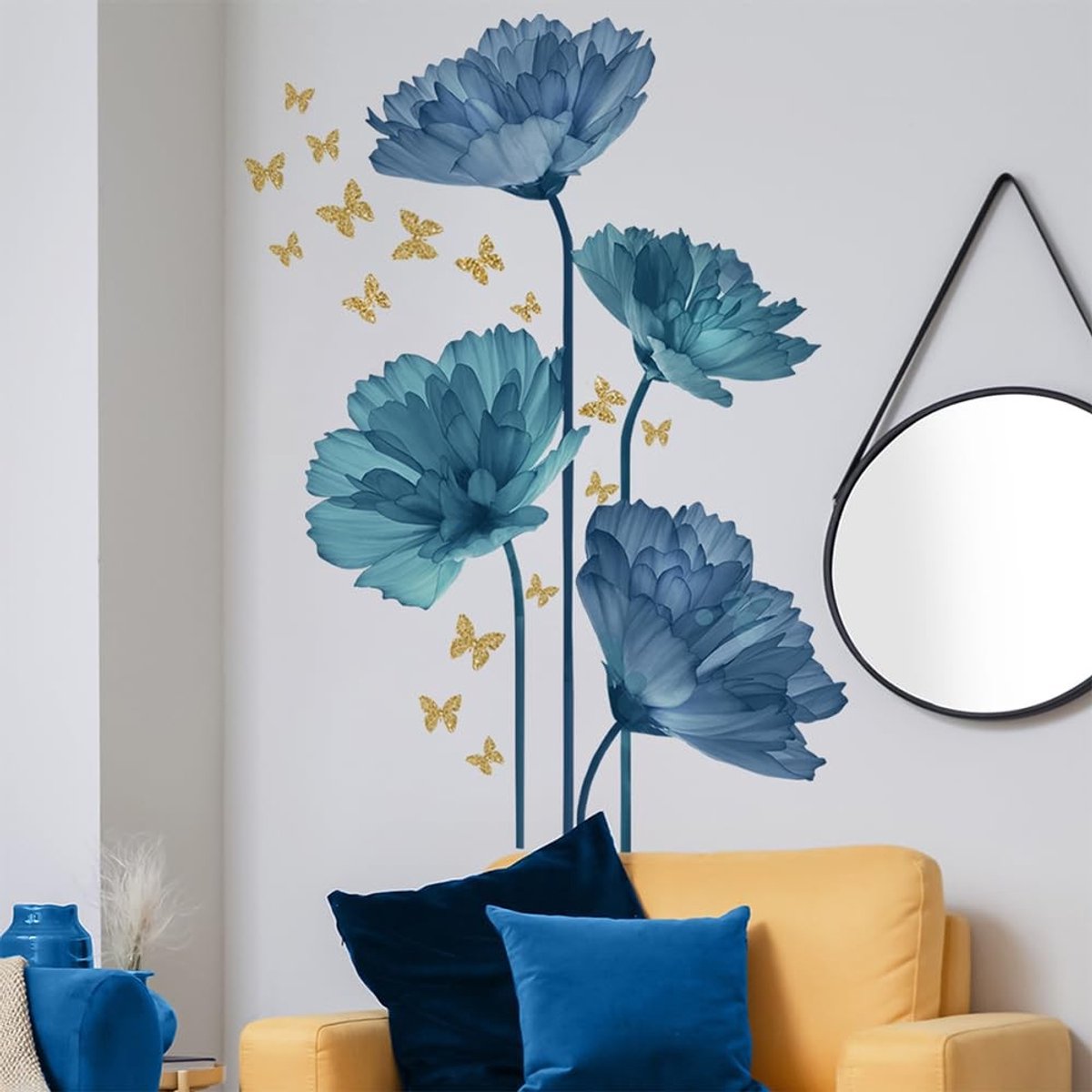 JHUBERS- Muursticker Bloemen - Gouden Vlinders - Wanddecoratie Woonkamer - Wanddecoratie Slaapkamer - Wanddecoratie Badkamer - Hoogwaardig PVC
