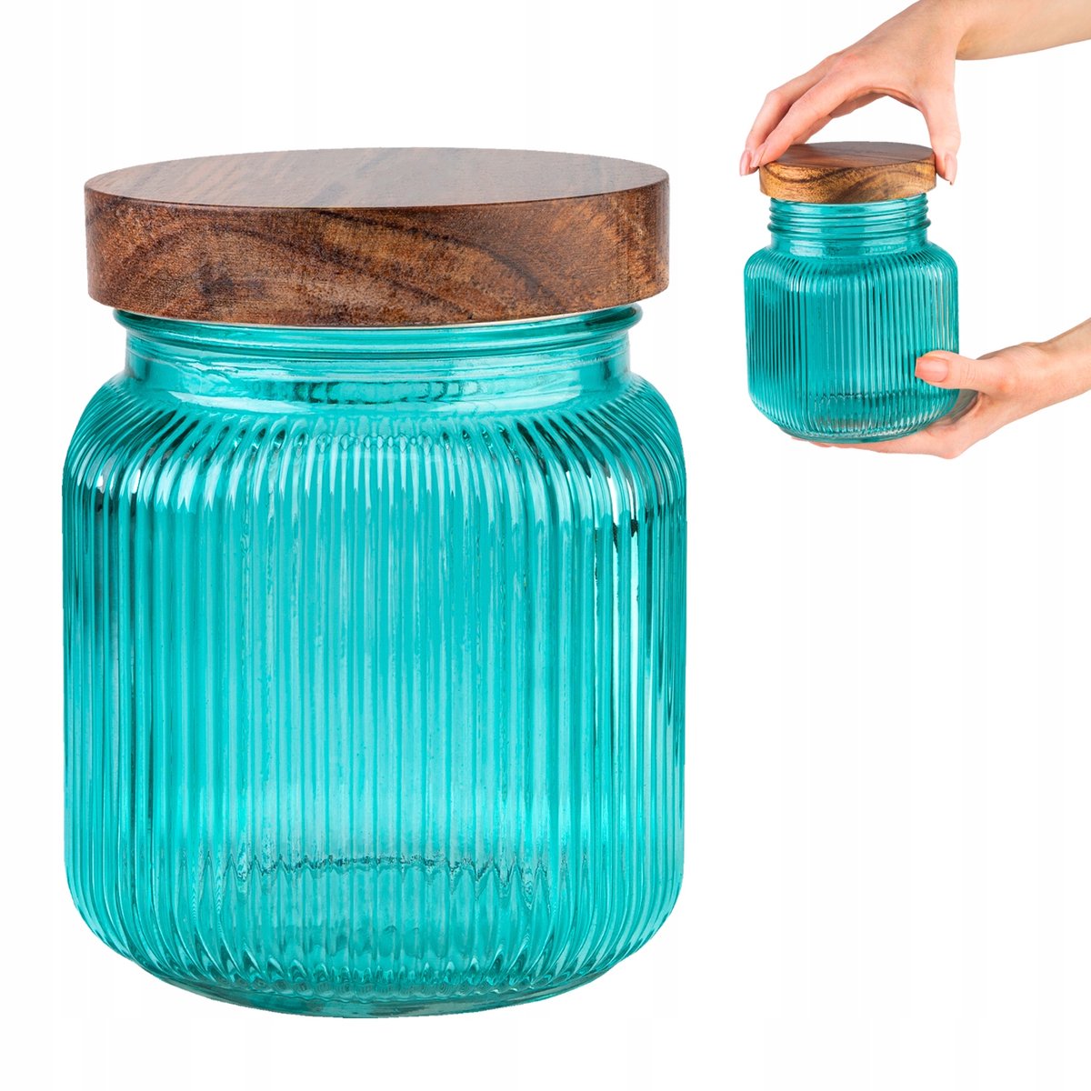 Glazen Pot 1000ML met Houten Deksel - Geribbeld Design