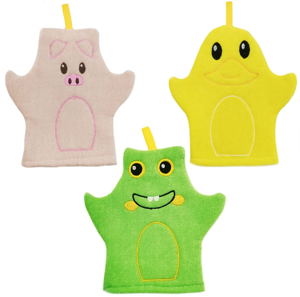 Dailygoods- Badhandschoenen 3 Stuks - Zacht/Huidvriendelijk - Ontworpen voor Baby/Peuter - 19x19 cm - Handdoekmateriaal - Voorkomt vallen - Washandjes