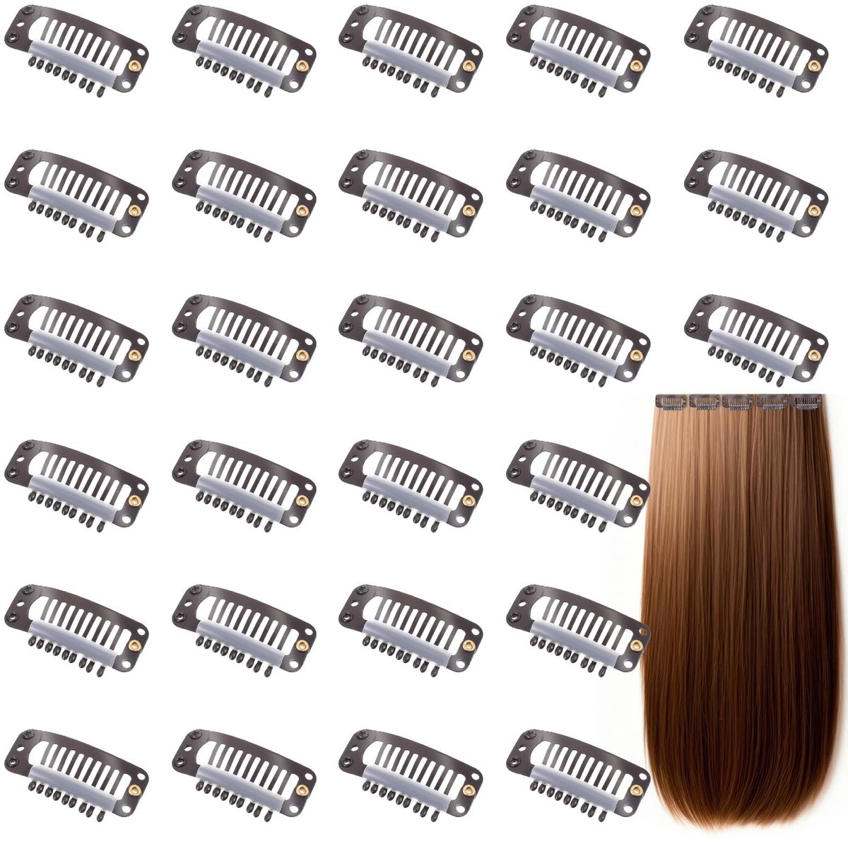 Dailygoods- Haarverlengingsclips 30 Stuks - Kam/Snap Pruikclip - Bruine Pruikaccessoires - 32 mm - Hadfield Staal - Lichtgewicht en Comfortabel - Pruikclips
