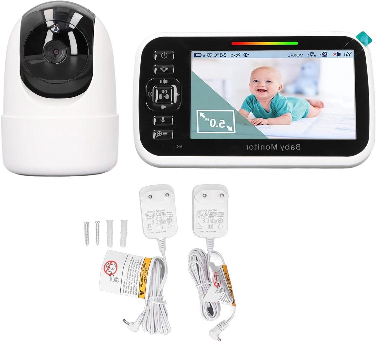 Babyfoon met Camera - Video Monitor - Kind Bewaken - Kamertemperatuur Weergave - 5 inch Scherm - Wit
