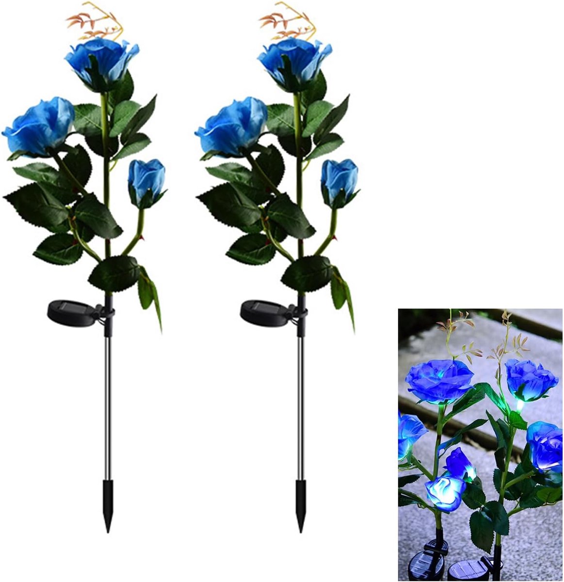 Twee op zonne-energie werkende LED-tuinverlichting met decoratieve elementen in de vorm van rozen (blauw - 3 rozenkoppen).