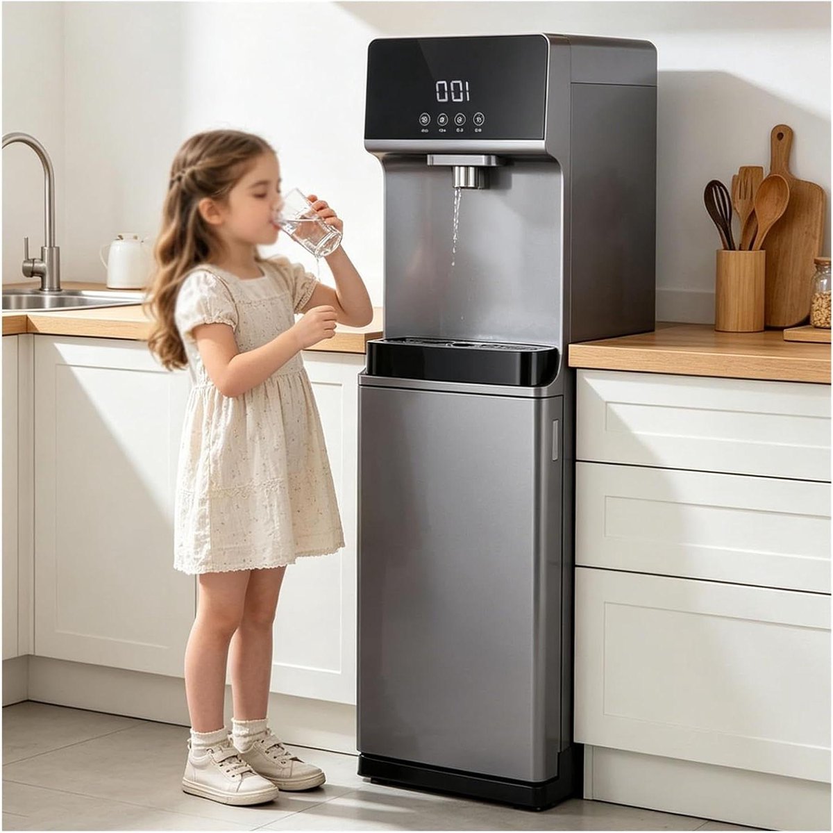 Waterdispenser Vrijstaand - Warmwaterkoeler Thuis - Snel Dranken Maken - Kinderslot Digitaal - 5 Gallon Fles - Grijs