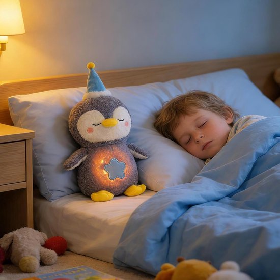 Pluche Pinguïn - Knuffelbeest Muziek - Rustgevend Slapen - Ademhalingssimulatie - 28 cm - Paars Grijs — afbeelding 2