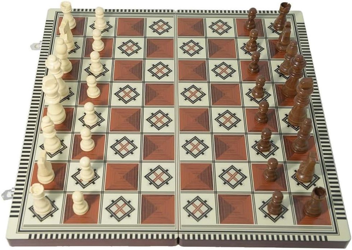 Houten Schaakspel - Strategie Spel - Cognitieve Vaardigheden Trainen - Handgemaakt 3-in-1 - 29cm - Rood