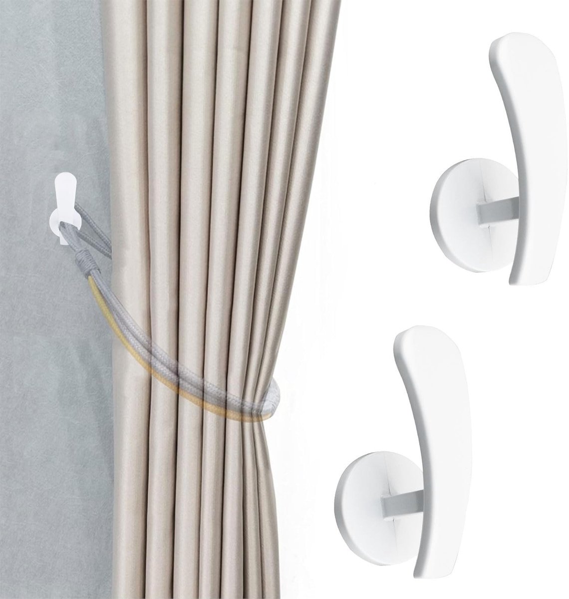 Dailygoods- Gordijnhouders Zelfklevend - Wandgemonteerd - Metalen Haak - 2 Stuks - Zinklegering - Wit - Gordijnhaak