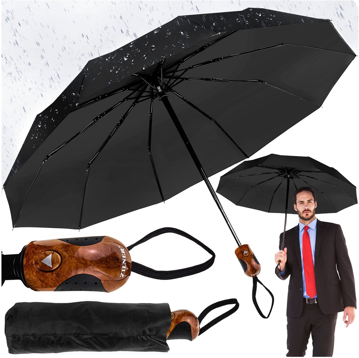 Automatische paraplu heren dames, zwart, 101cm, windbestendig, met hoes