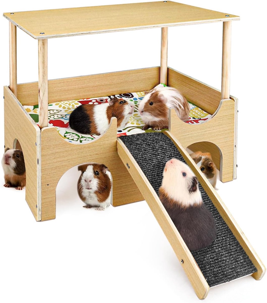 Dierenhuisje Hout - Huisje & Speelgoed - Knaagdier Verblijf - Dubbele Laag - 40 cm Lengte - Houtkleur