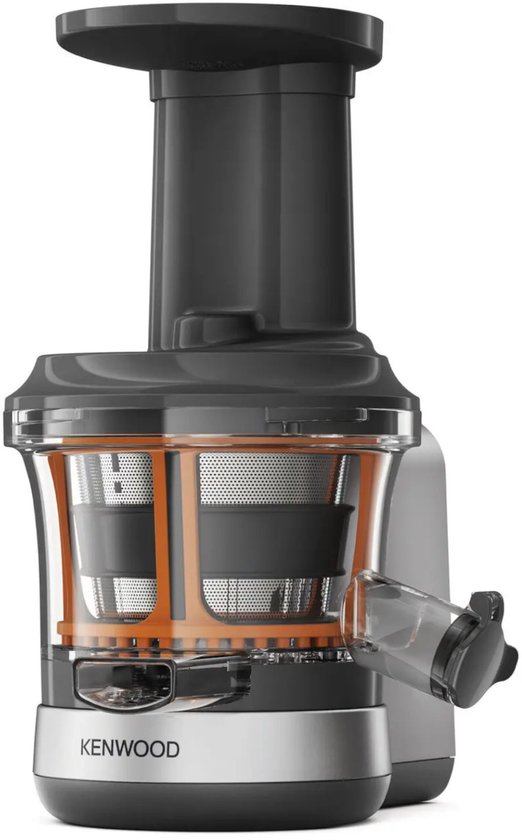 Kenwood slowjuicer met zilvergrijze basis, oranje interne onderdelen en een zwarte trechter.