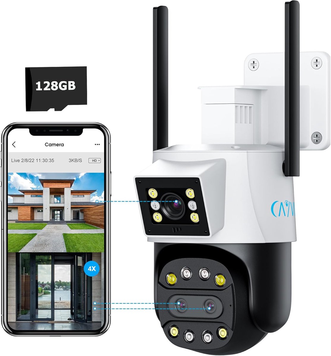 Outdoor Wifi Camera - Beveiligingscamera PTZ - Huisbewaking Buiten - Drie Lenzen 4x Zoom - FHD 1080P - Wit