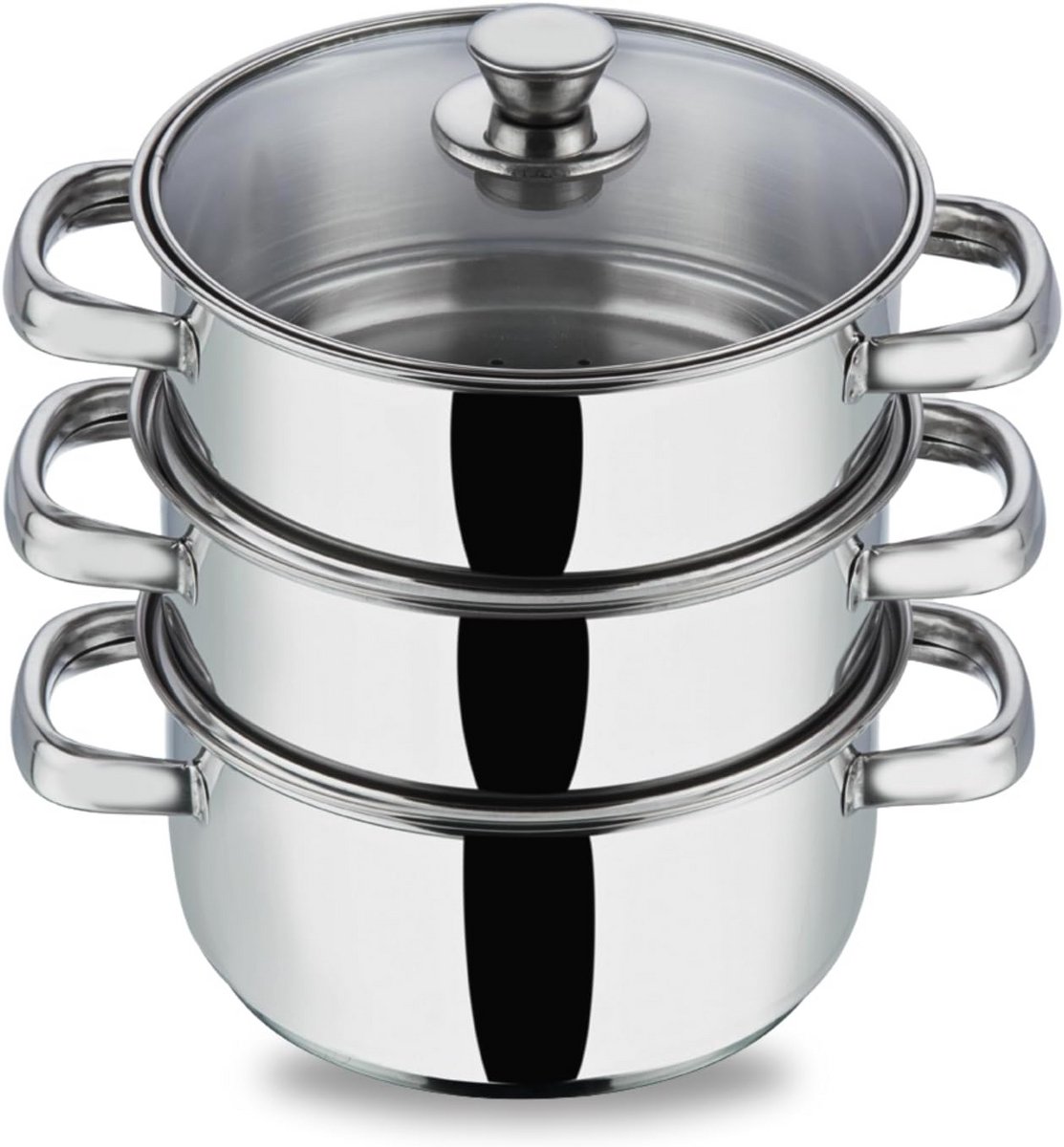 Stoompan 3 Lagen - Kookpan Stomer - Gezond Koken - Stoomafvoer Glasdeksel - 18 cm Diameter - Zilverkleurig