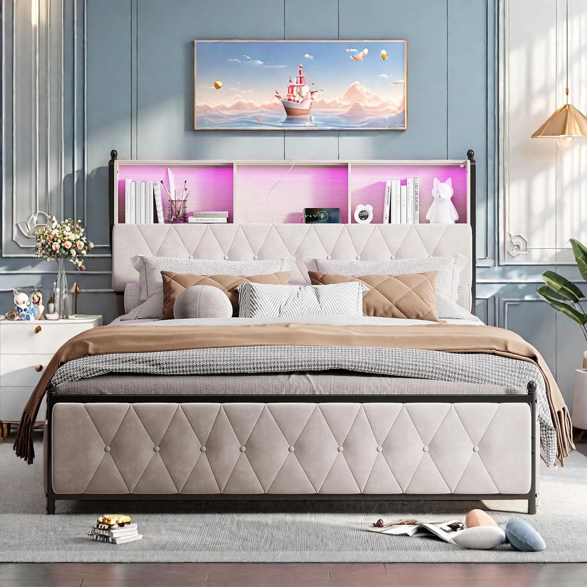 Gestoffeerd Bed - Tweepersoonsbed - Slaapkamer Inrichten - Geïntegreerde USB - 160 x 200 c