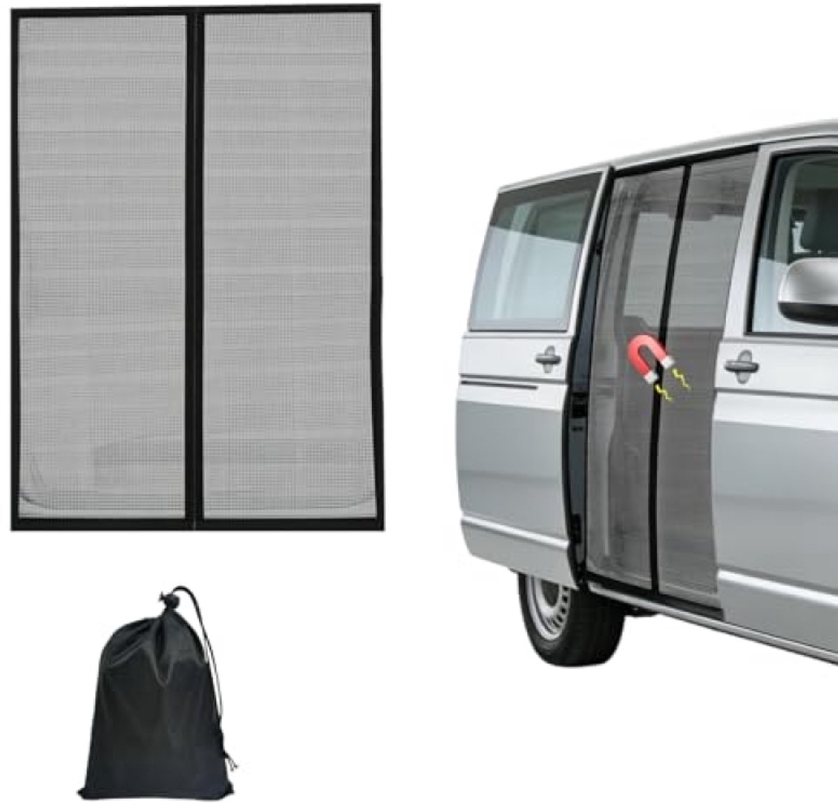 PromoHome Magnetisch muggennet voor VW T5 T6 schuifdeur - insectenhor met middenmagnetische sluiting en zonwering, zwart voor schuifdeur