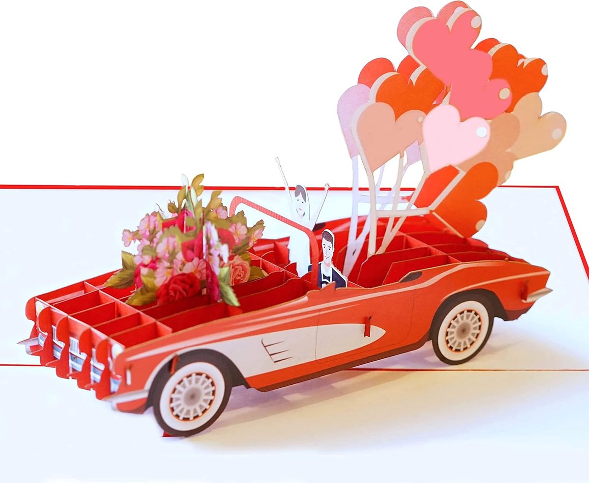 Pop-up kaart - 3D wenskaart - Liefde tonen - Uniek trouwauto ontwerp - 18x13 cm - Bruiloft Auto