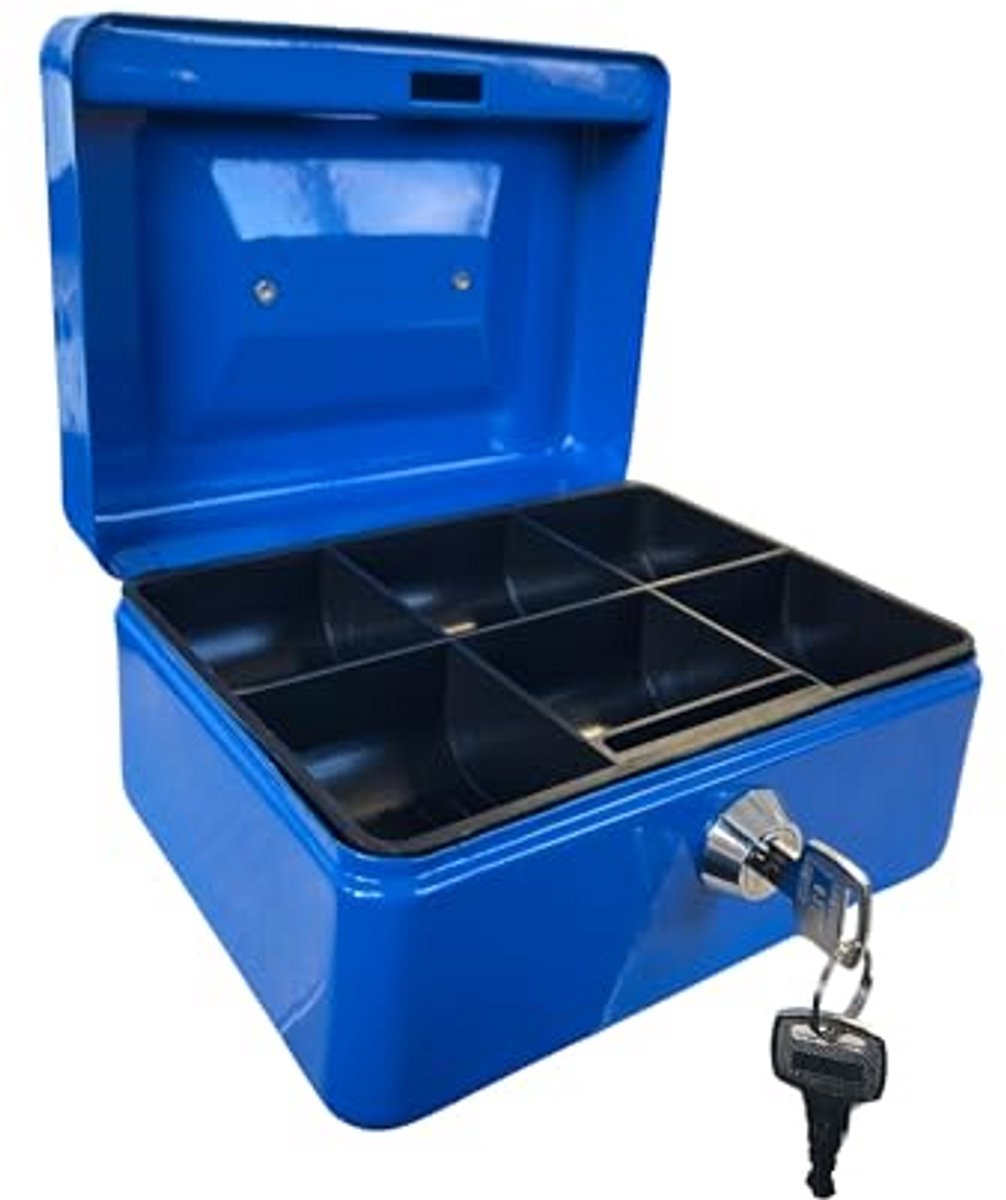 Metalen Spaarpot - Geldkistje met slot - Veilig geld bewaren - Verwijderbaar geldvak - 15 cm breed - Blauw